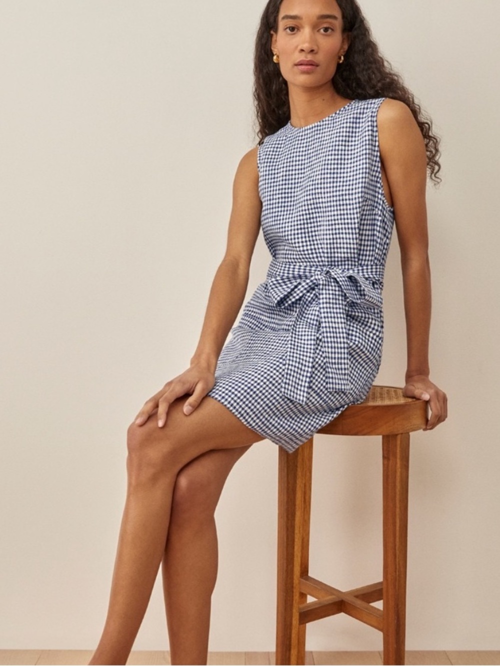Reformation Blue Gingham Tie-Waist Mini Dress